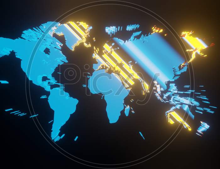 Illustration Graphic Of Colorful Lining Texture Or Pattern Formation On The World Map, Isolated On Black Background. 3D Rendering Abstract Loop Neon Lighting Effect On World Map.