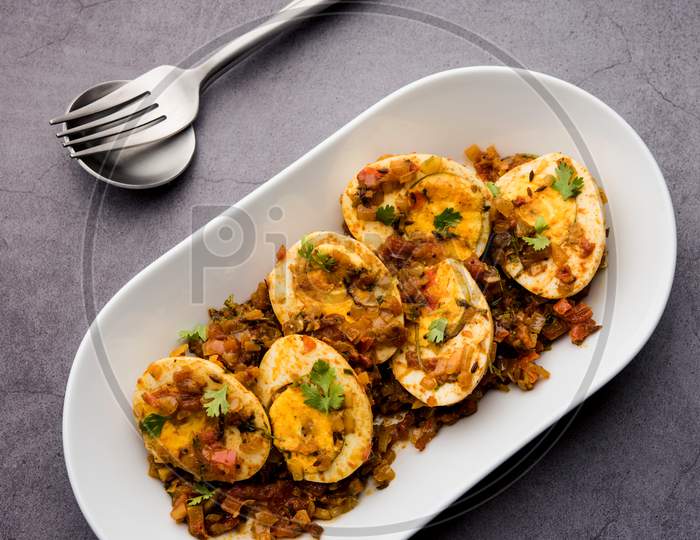 Spicy Egg Fry Is A Tasty Starter Snack From India, Selective Focus