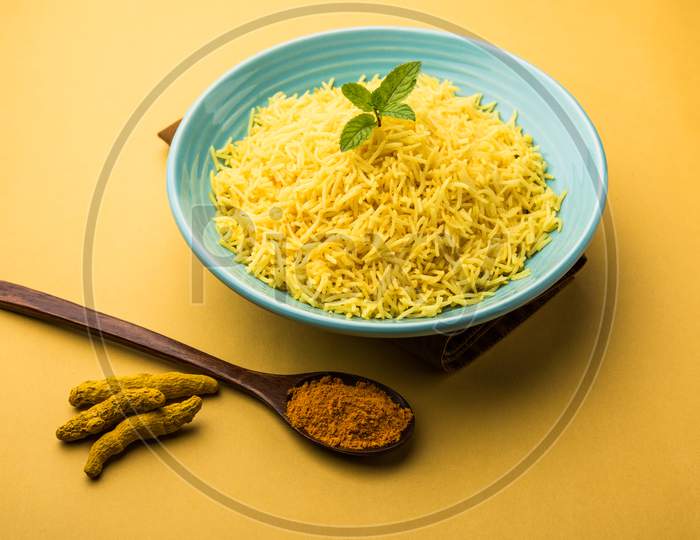 Cooked Turmeric Rice With Curcumin Or Haldi Powder, Indian Food