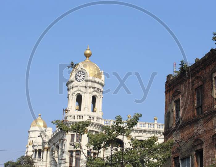 Cropped and partial view of famous `Esplanade Mansion`, at Esplanade East, Kolkata, West Bengal 700069.