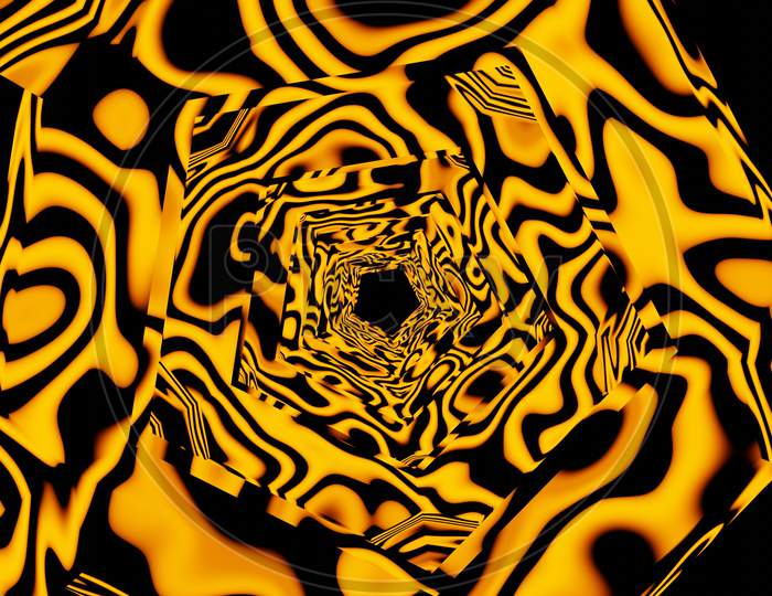 Illustration Graphic Of Abstract Energy Tunnel In Space. Energy Yellow Color Animal Pattern Or Texture Force Fields Tunnel In Outer Space. Vortex Energy Flows. Glowing Tunnel Bursts With Energy Loop.