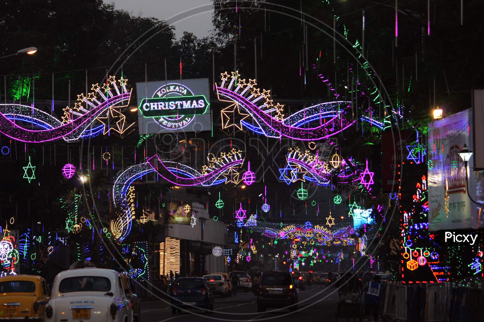 Christmas time lighting and decorations in night time, at Park Street, Kolkata.