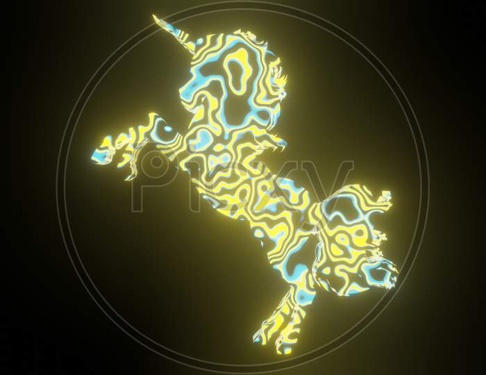Illustration Graphic Of Beautiful Texture Or Pattern Formation On The Majestic Unicorn Body Shape, Isolated On Black Background. 3D Abstract Loop Neon Lighting Effect On Unicorn Horse.