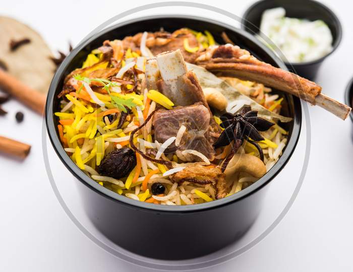 Gosht Or Mutton Biryani Is A Popular Non-Veg Food From India, Packed In Plastic Container