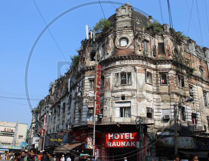 Cropped and partial view of famous 'Futnani Chambers', at Esplanade, Dharmatala, Kolkata.