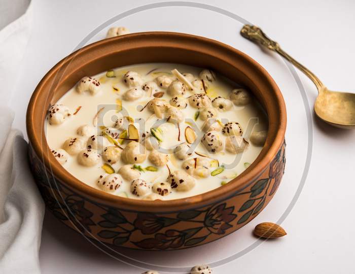 Puffed Lotus Seed Pudding Is Also Known As Makhana Kheer Or Foxnut Payasam, Indian Dessert