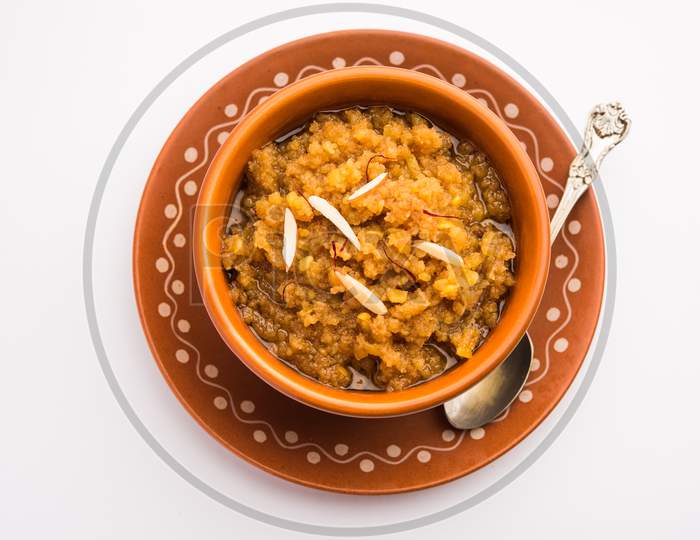 Moong Dal Halwa Or Mung Daal Halva Is An Indian Sweet / Dessert Recipe, Garnished With Dry Fruits