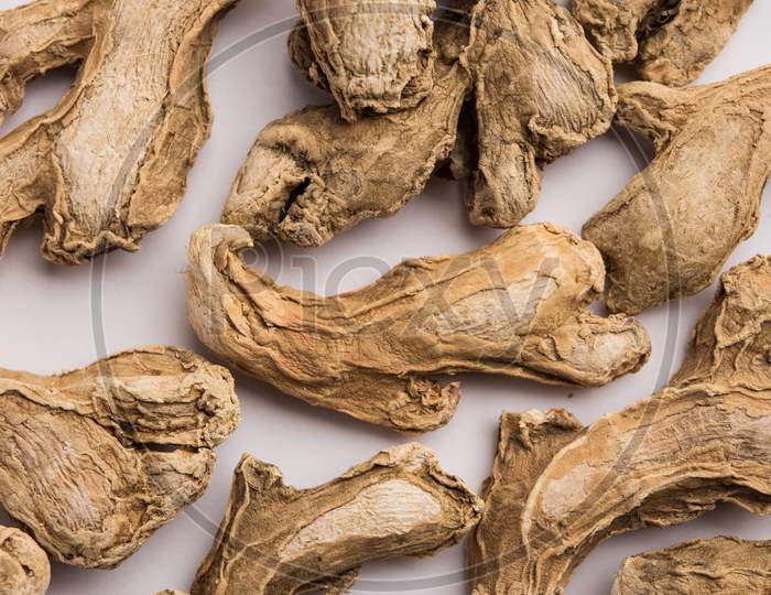 Close Up Of Dried Ginger Or Sonth Isolated On White Background