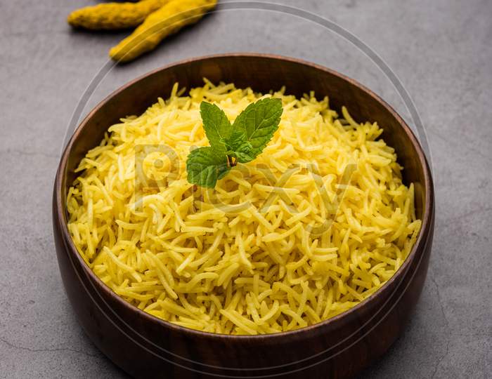 Cooked Turmeric Rice With Curcumin Or Haldi Powder, Indian Food