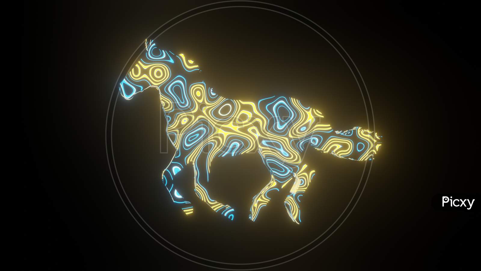 Illustration Graphic Of Beautiful Texture Or Pattern Formation On The Horse Body Shape, Isolated On Black Background. 3D Abstract Loop Neon Lighting Effect On Horse.