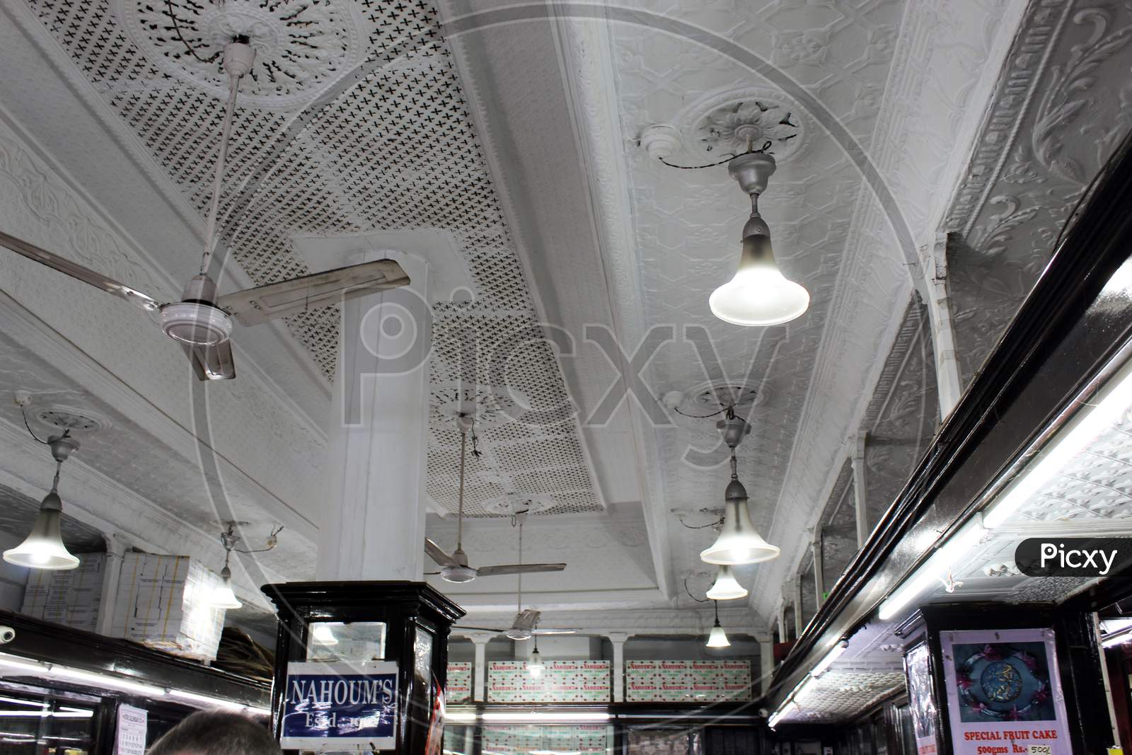 View of old ceiling interior of famous cake shop "NAHOUM's", at Dharmatala, Kolkata.