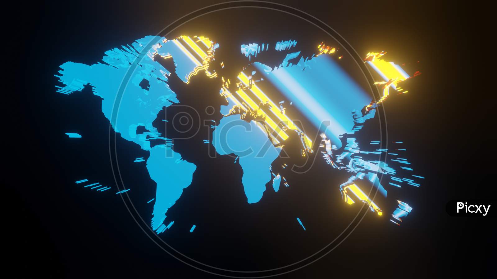 Illustration Graphic Of Colorful Lining Texture Or Pattern Formation On The World Map, Isolated On Black Background. 3D Rendering Abstract Loop Neon Lighting Effect On World Map.