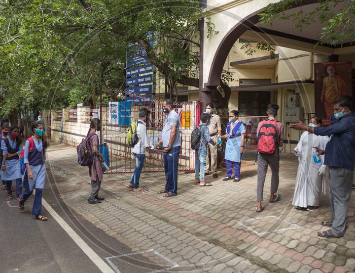 Students at Exam center during Covid19 in Mysore/Karnataka/India.