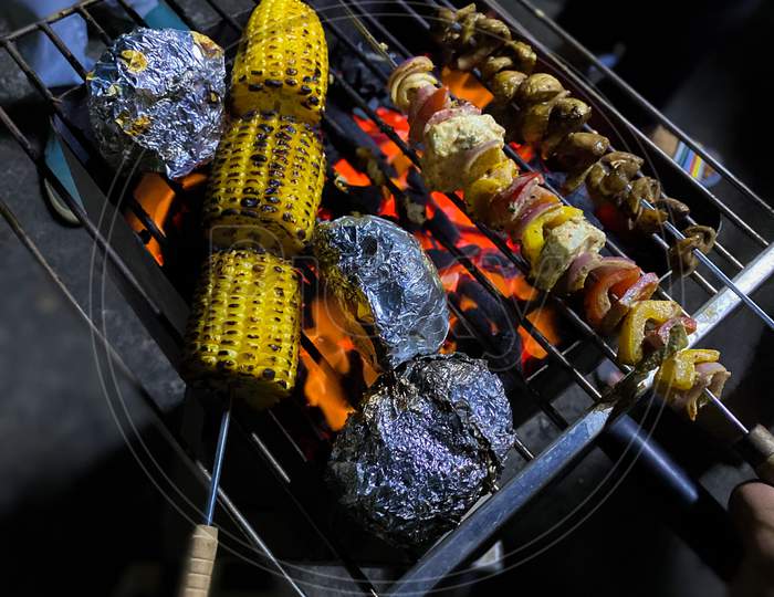 Vegetables on a charcoal grill