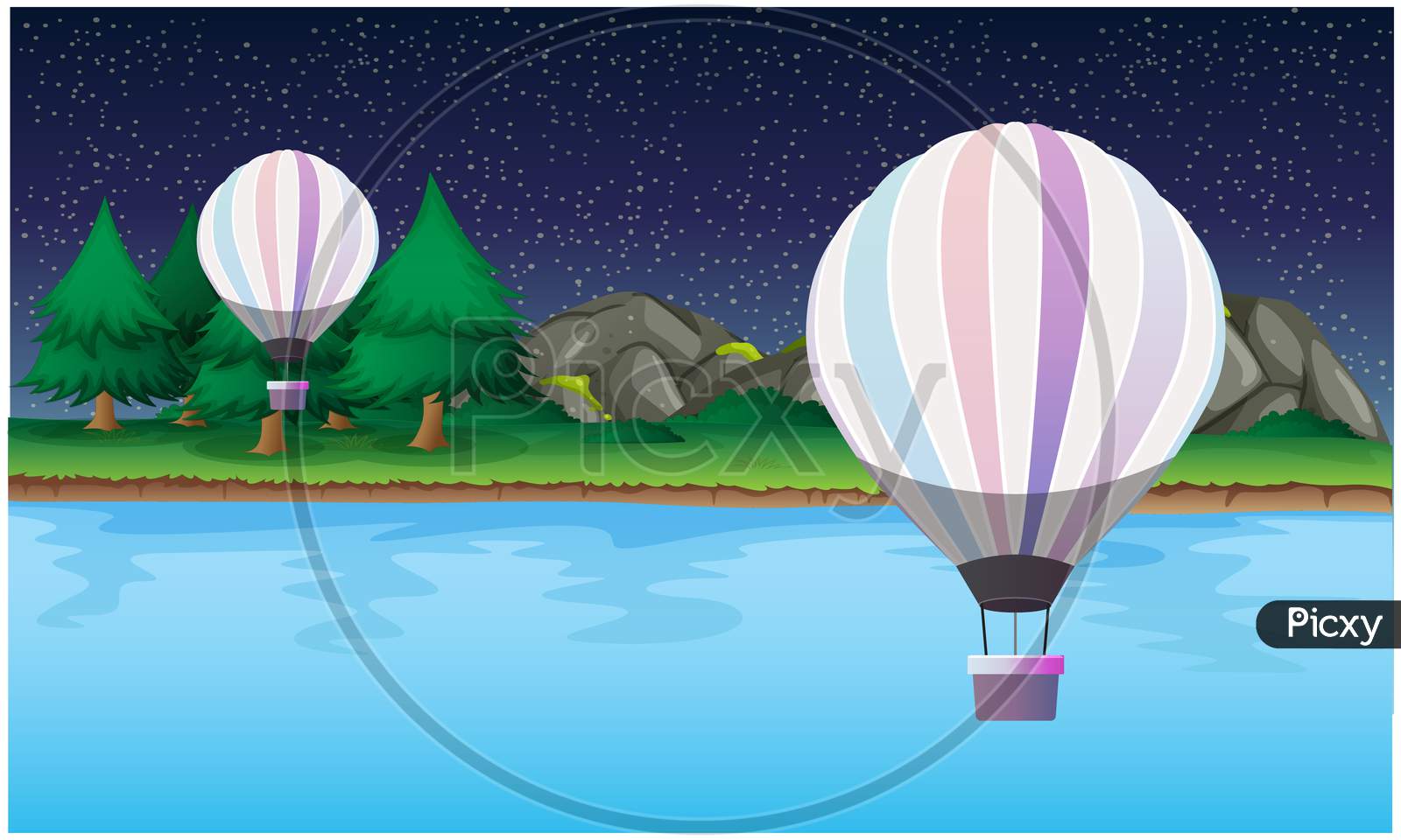 Hot Air Balloons Are Flying In The Sky At Night