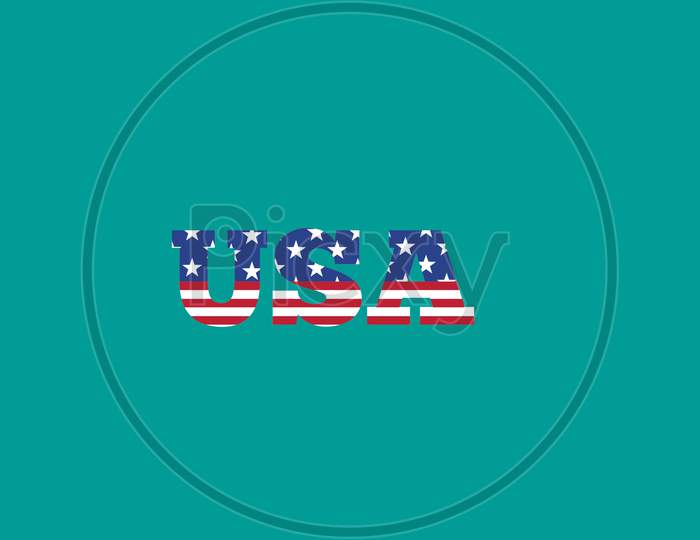 Usa Flag In Text. American Flag In Letters. National Emblem. Patriotic Illustration On Light Green Background. Us Independence Day
