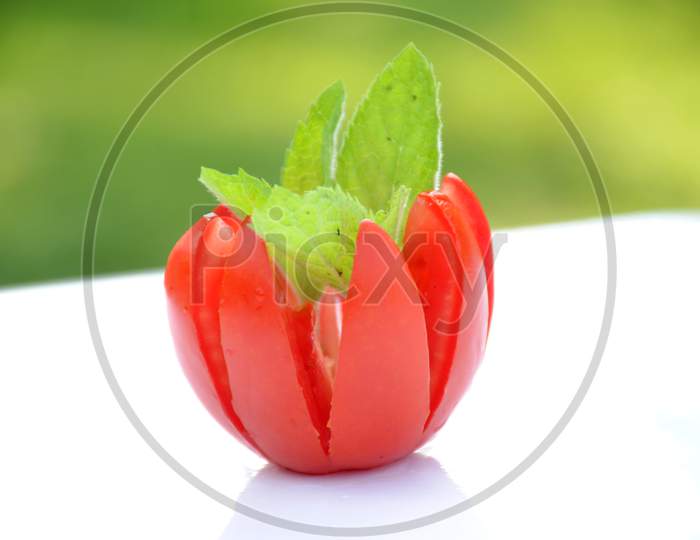 the red tomato with green mint on the greenbackground.