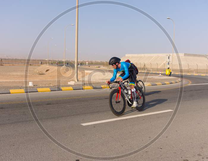 Muscat, Oman 15Th September 2017. A Bicycle Race Winner Riding In Speed Alone To Win The Race