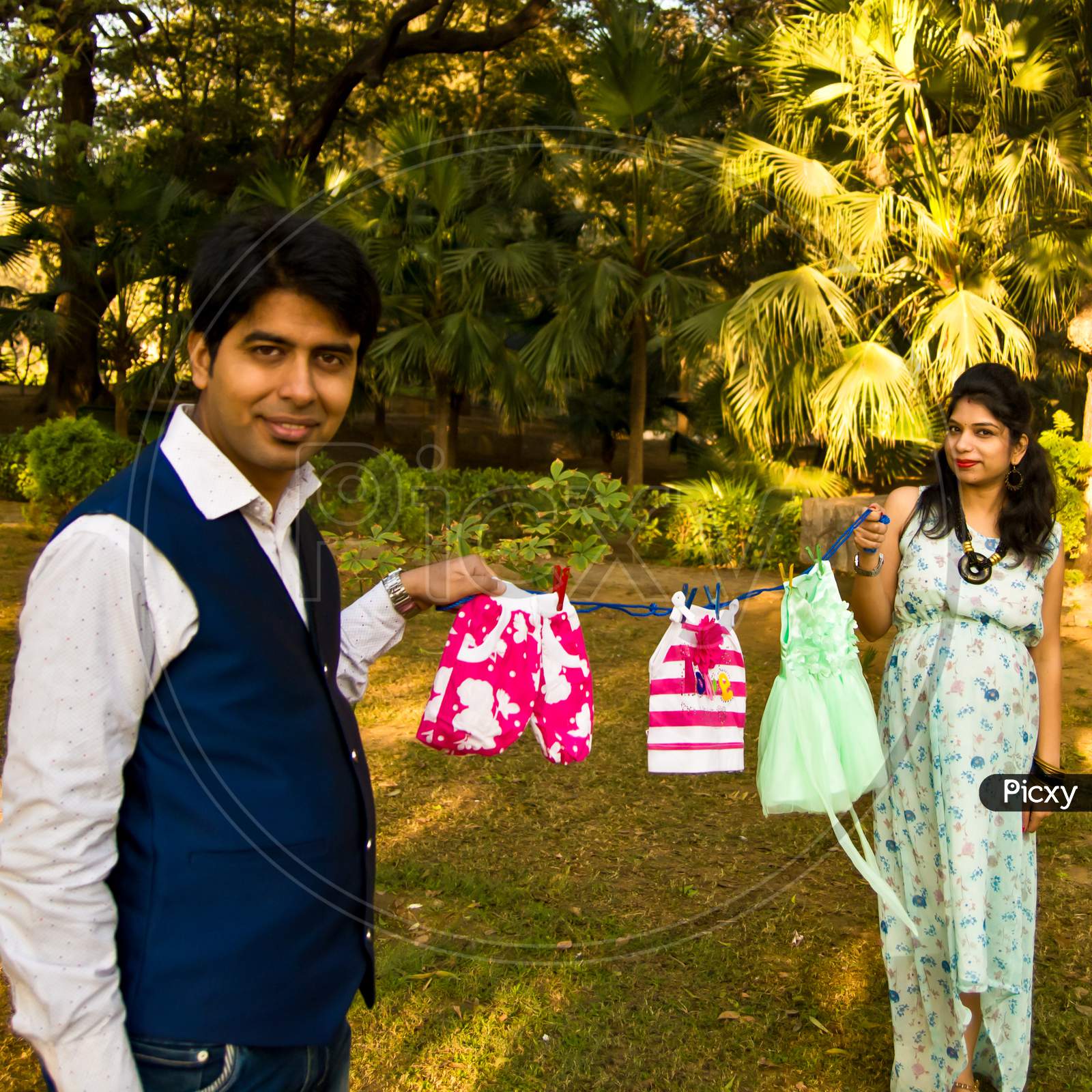 New Delhi India – March 3 2020 : Maternity shoot pose for welcoming new born baby in Lodhi Road in Delhi India, Maternity photo shoot done by parents for welcoming their child