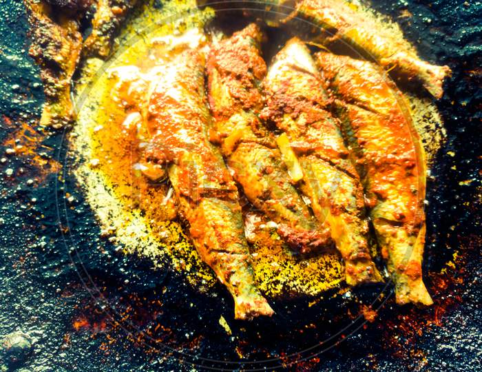 Sardine Fish Fried In A Frying Pan In Kerala Style.