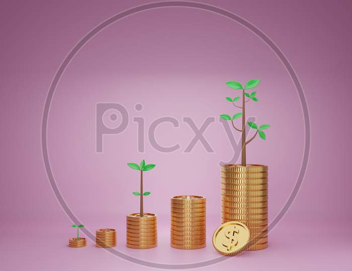 3D Render Image Of Coin Stacks With Trees, Concept Of Saving Or Investment
