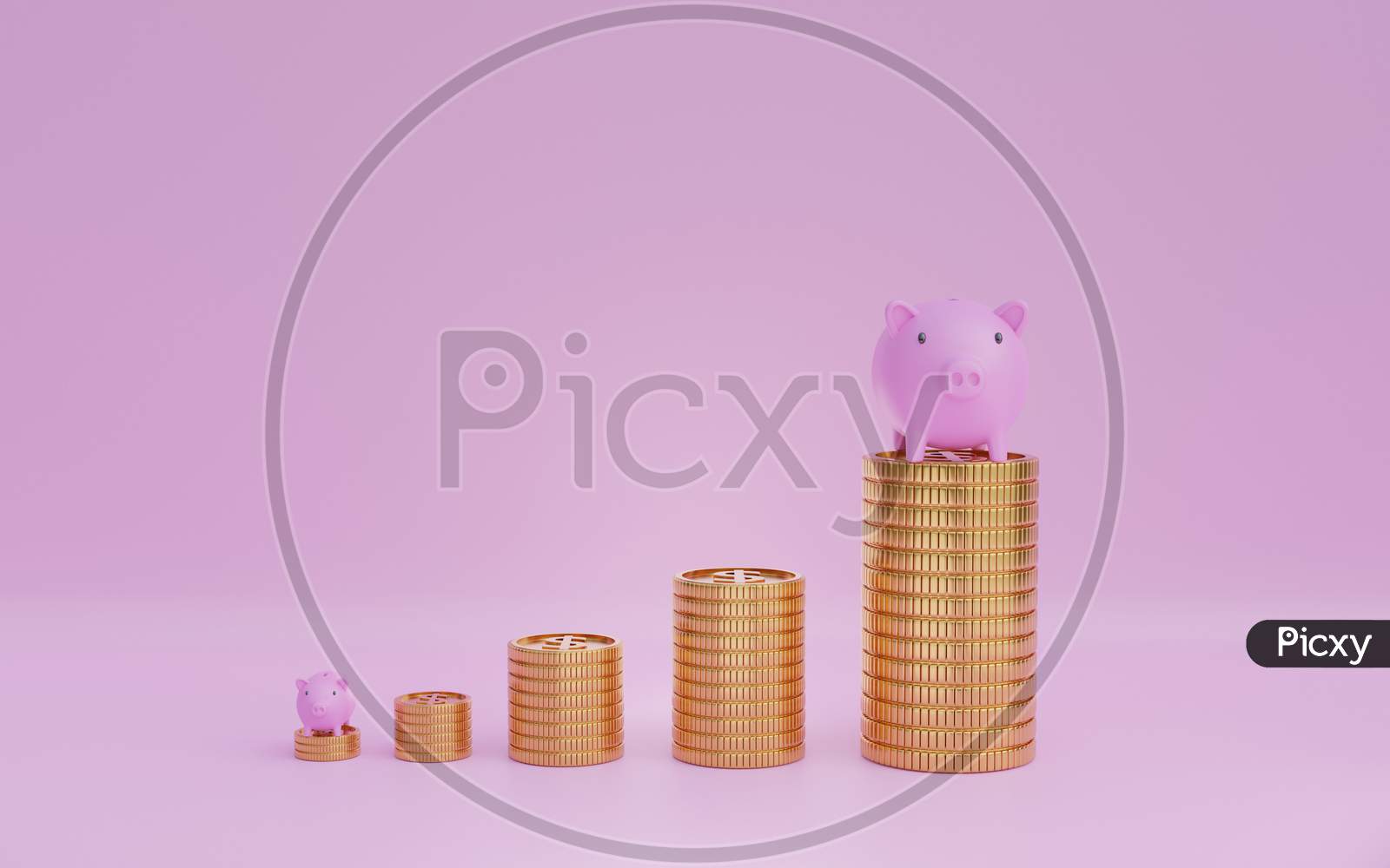 3D Render Image Of Coin Stacks With Piggy Bank, Concept Of Saving Or Investment