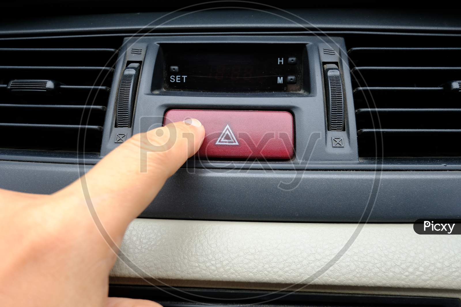 Index Finger Or Forefinger Pushing Car Red Emergency Stop Button Warning Safety Concept