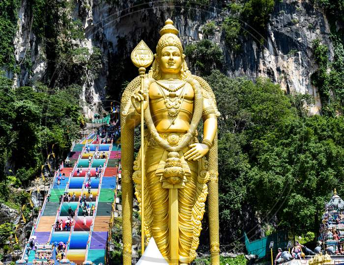 Big Statue Of Hindu Lord At Batu Caves Temple In Malaysia, Hindu Religion Lord Big View At Batu Caves