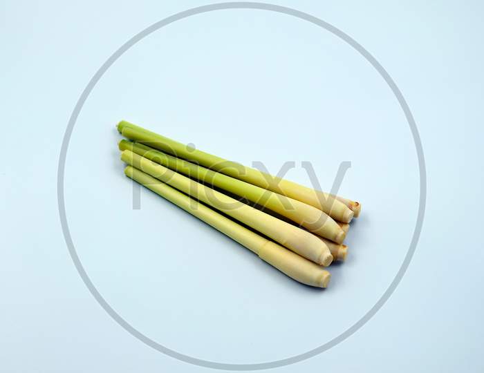 Beautiful Fresh Lemongrass Wash And Cut Ready To Cook On White Background