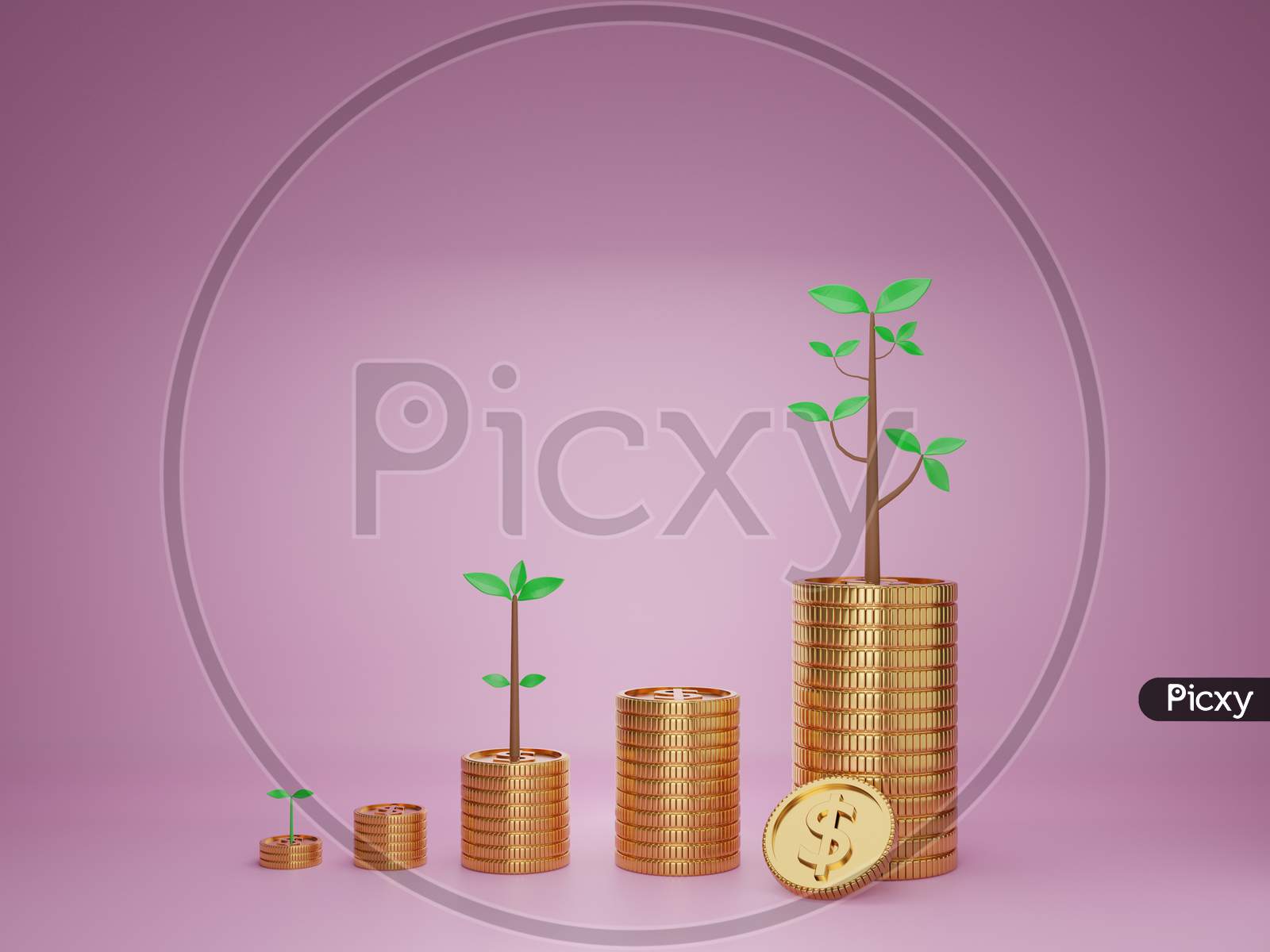 3D Render Image Of Coin Stacks With Trees, Concept Of Saving Or Investment
