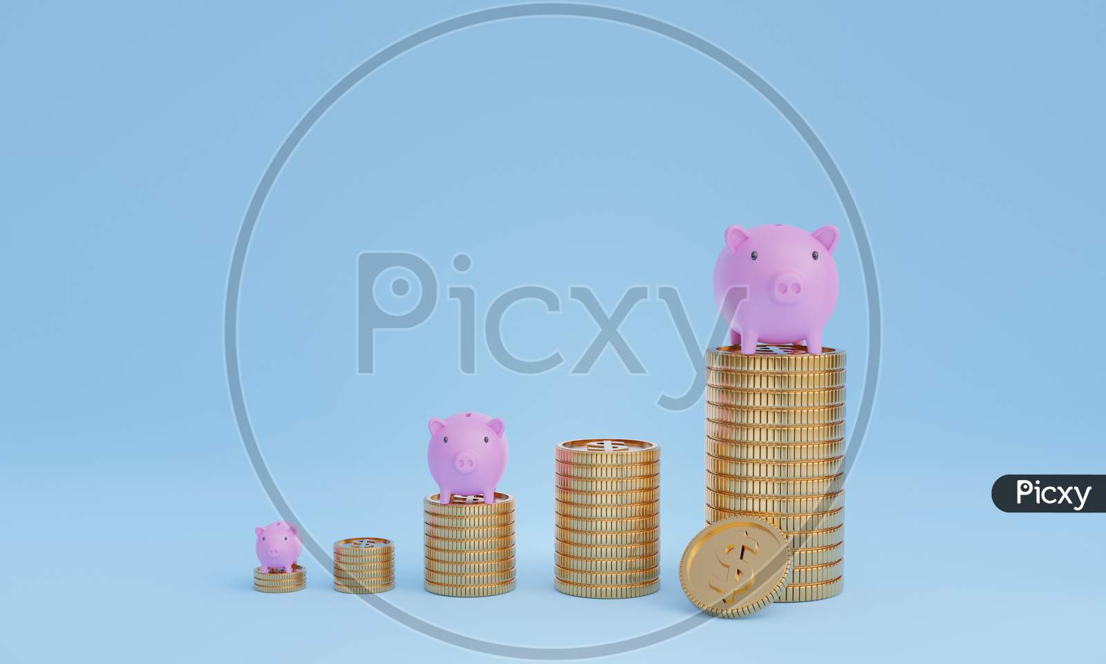 3D Render Image Of Coin Stacks With Piggy Bank, Concept Of Saving Or Investment