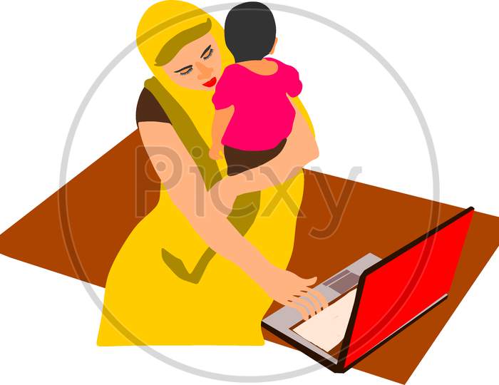 Lady Operating Laptop Illustration