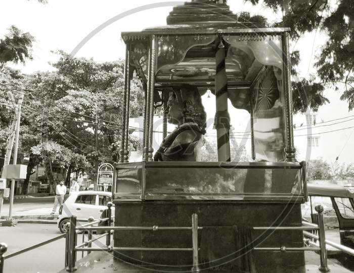 Bangalore, Karnataka/India-July 18 2020: Closeup of Kannada Legend Film Actor Dr. Rajkumar Bronze Statue in Agrahara Dasarahalli