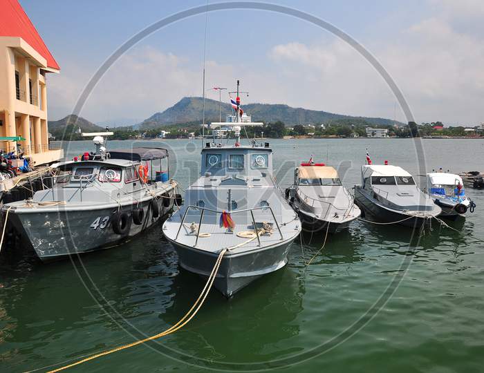 Patrol Ships And Boats Park Near The Sea Port