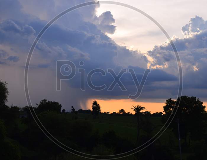 Sun Rise And Sun Set Background, Yellow, Black And Orange Clouds