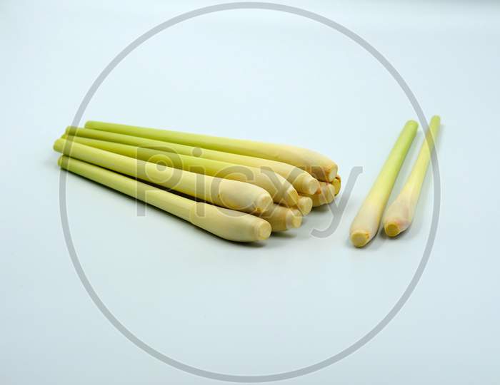 Beautiful Fresh Lemongrass Wash And Cut Ready To Cook On White Background