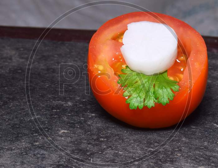 Chopped Tomato, Radish And Coriander Decorated On The Floor, Symbol Of Indian Tricolor, Happy Republic Day, Happy Independence Day