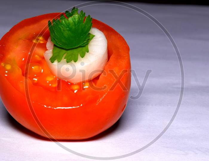 Chopped Tomato, Radish And Coriander Leaves Decorated On White Paper, Symbol Of Indian Tricolor, Happy Republic Day, Happy Independence Day