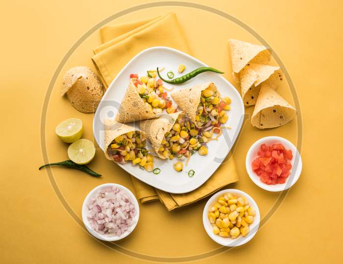 Masala Corn Chat In Papad Cone, Indian Crunchy Snack Menu