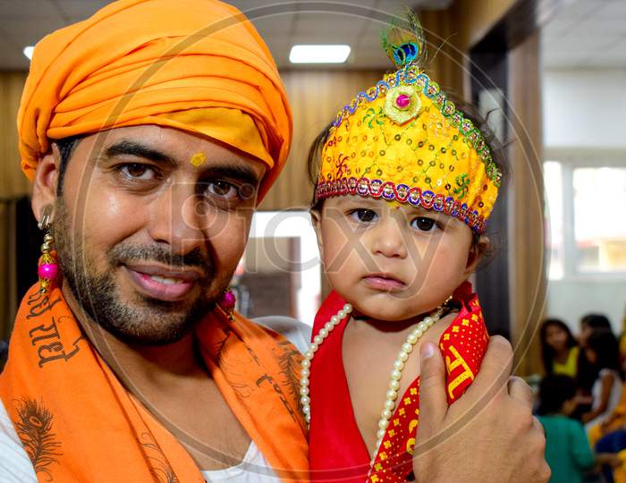 Delhi, India - September 9, 2019 : Cute Indian Kids Dressed Up As Little Lord Krishna Radha On The Occasion Of Krishna Janmastami Festival In Delhi India