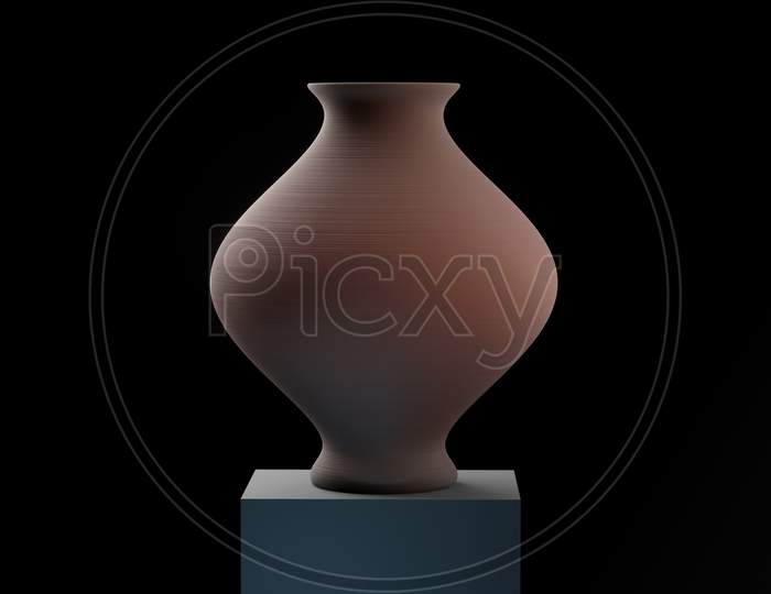 Clay Pot Placed On A Concrete Block Isolated On A Dark Background.