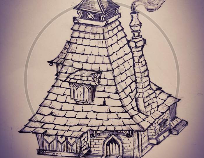 A pencil sketch of an old fashioned fantasy house from the cartoons. The house is made up of slate roof and wooden structure with smoke coming out of the chimney.