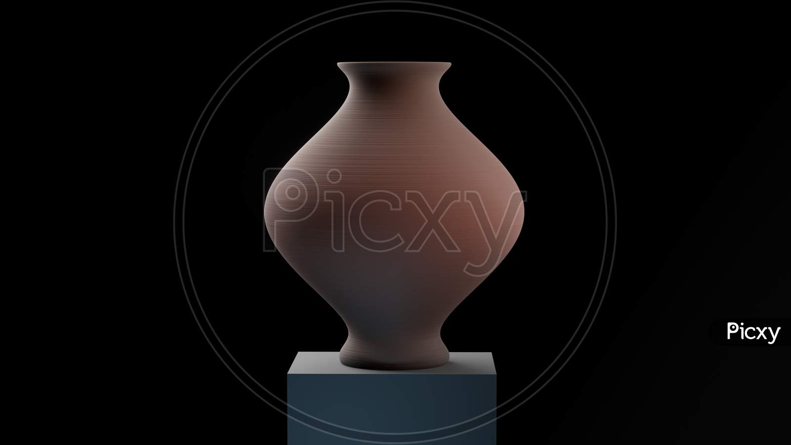 Clay Pot Placed On A Concrete Block Isolated On A Dark Background.