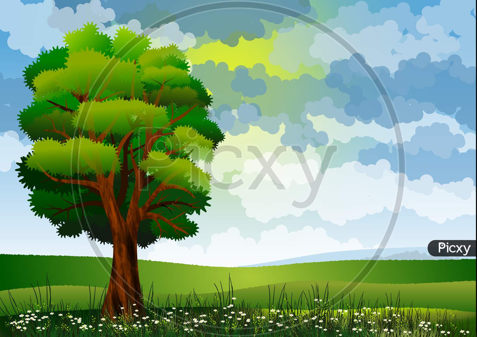 Beautiful illustrated background on trees and mount in the nature