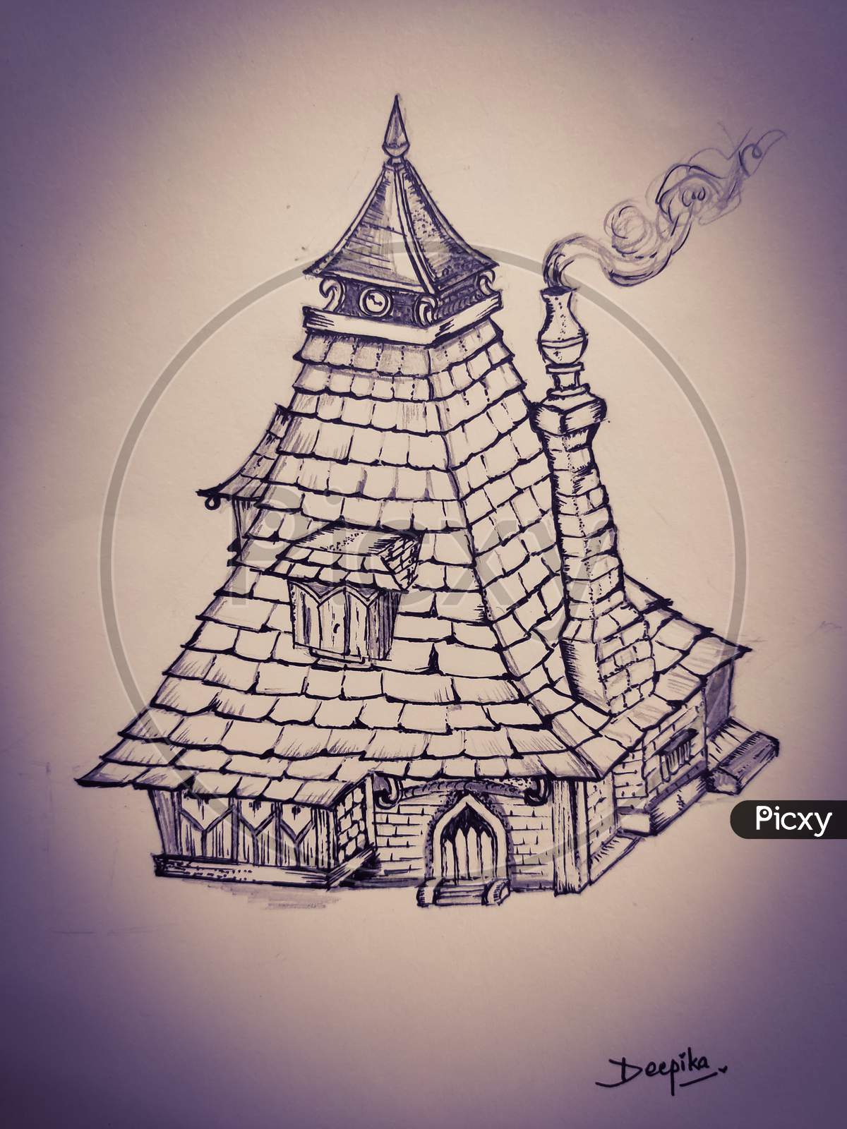 A pencil sketch of an old fashioned fantasy house from the cartoons. The house is made up of slate roof and wooden structure with smoke coming out of the chimney.