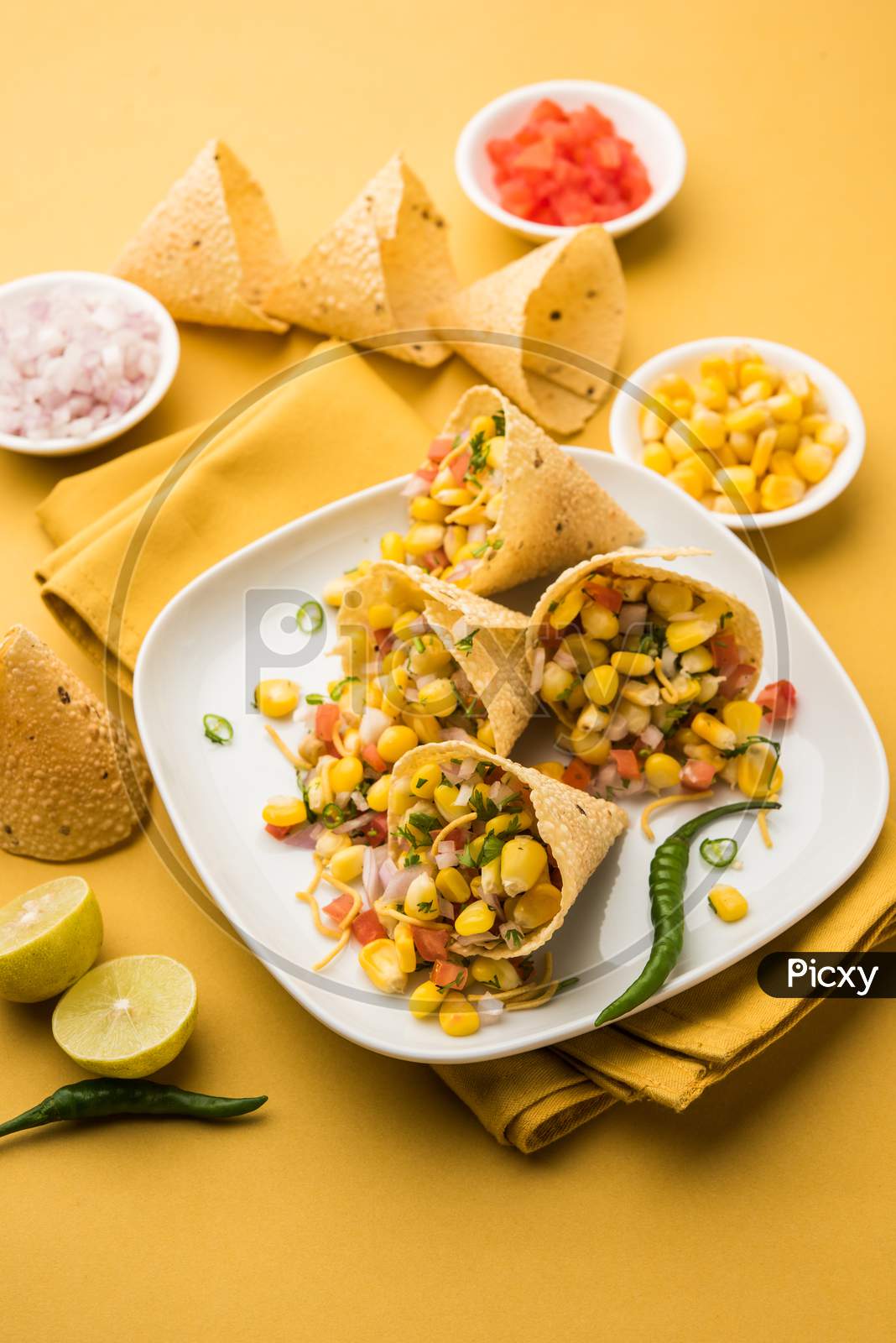 Masala Corn Chat In Papad Cone, Indian Crunchy Snack Menu