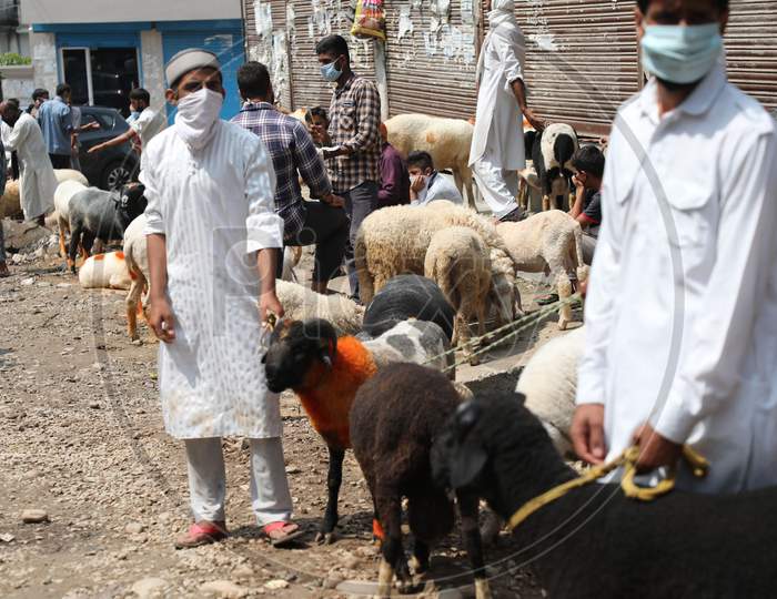 Sheep vendors wait for customers ahead of Eid-al-Adha festival, at a roadside in Jammu on July 31, 2020