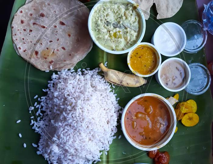 Indian traditional food in banana leaf