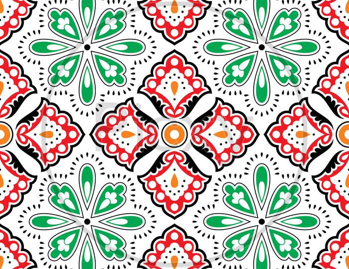 Colorful Vector Seamless Pattern With Red And Green Flowers