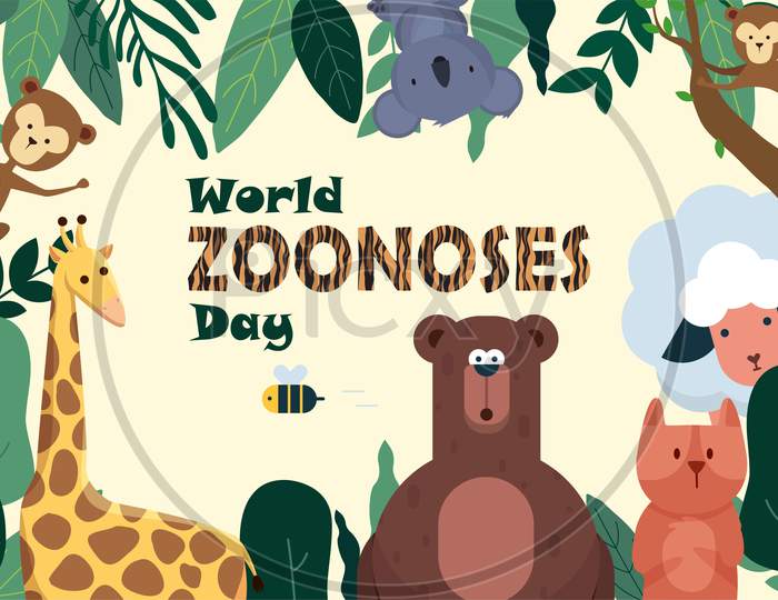 World Zoonoses Day, Animals In The Jungle, Poster Illustration Vector